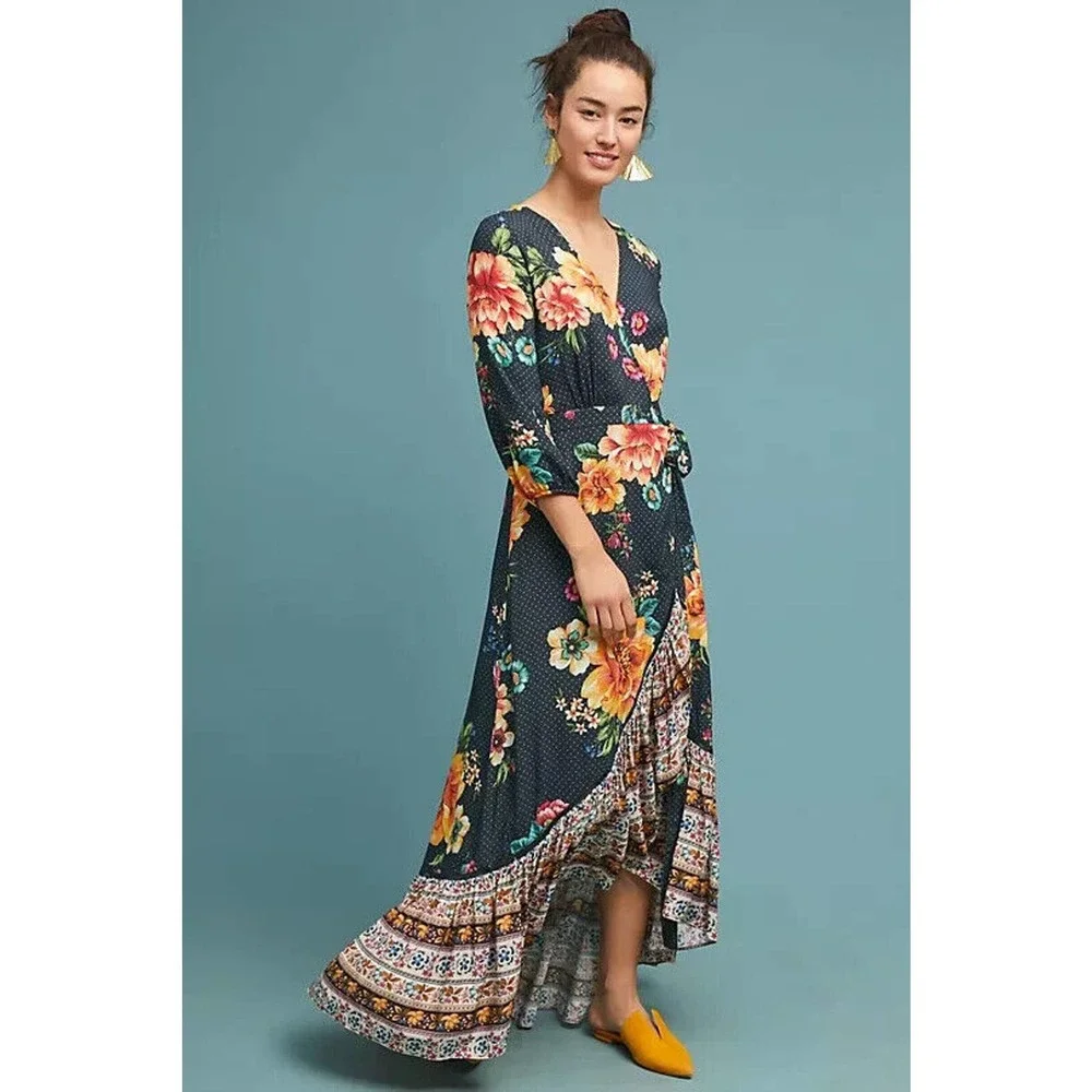 Farm Rio Anthropologie Majorca Wrap Dress Hi Lo Floral Boho Women's Size Small - Picture 1 of 16